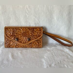 Floral Embossed Brown Leather Wallet